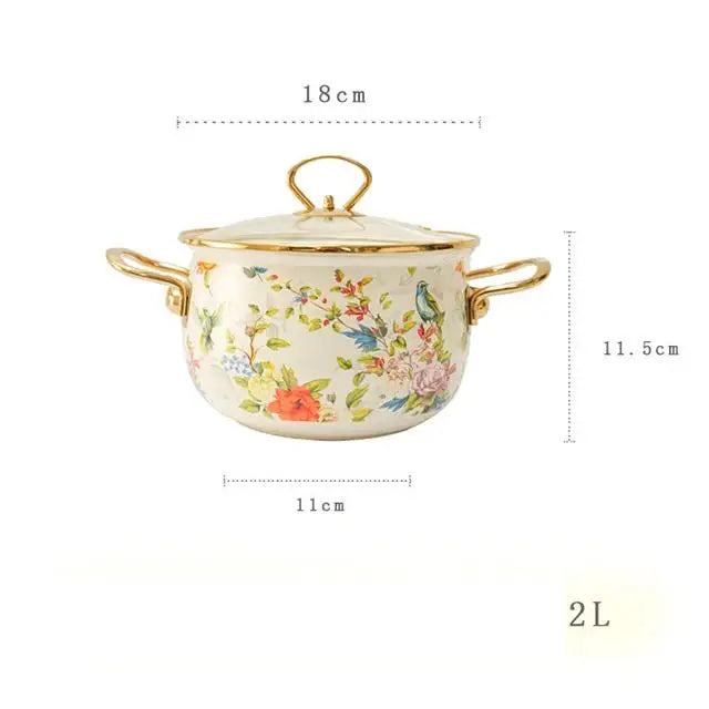 Enamel Soup Pot Retro Flower Bird Binaural Large Capacity Stew Home Delicate Enamel Utensils with Lid for Pot Kitchen Cookware