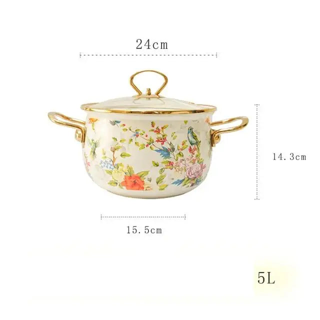 Enamel Soup Pot Retro Flower Bird Binaural Large Capacity Stew Home Delicate Enamel Utensils with Lid for Pot Kitchen Cookware