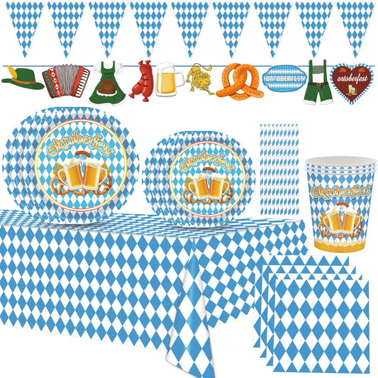124pcs Munich Oktoberfest Themed Party Tableware Blue and White Checkered Paper Tray Tissue Tablecloth Set Birthday Decoration