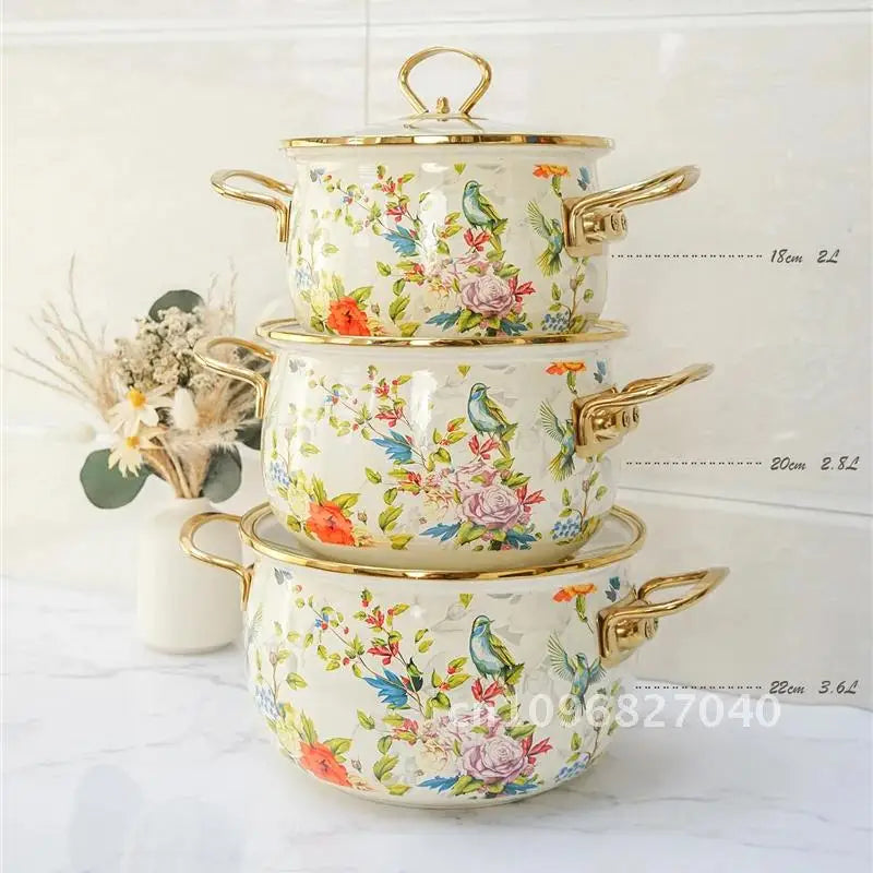 Enamel Soup Pot Retro Flower Bird Binaural Large Capacity Stew Home Delicate Enamel Utensils with Lid for Pot Kitchen Cookware
