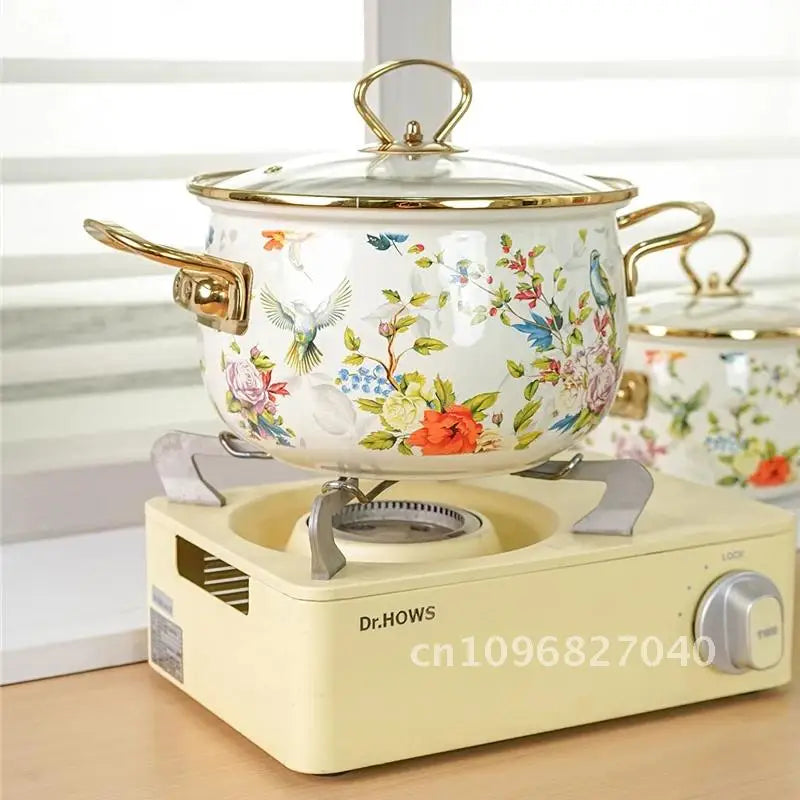 Enamel Soup Pot Retro Flower Bird Binaural Large Capacity Stew Home Delicate Enamel Utensils with Lid for Pot Kitchen Cookware