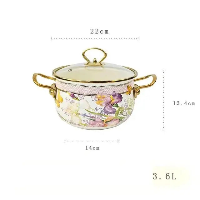 Enamel Soup Pot Retro Flower Bird Binaural Large Capacity Stew Home Delicate Enamel Utensils with Lid for Pot Kitchen Cookware