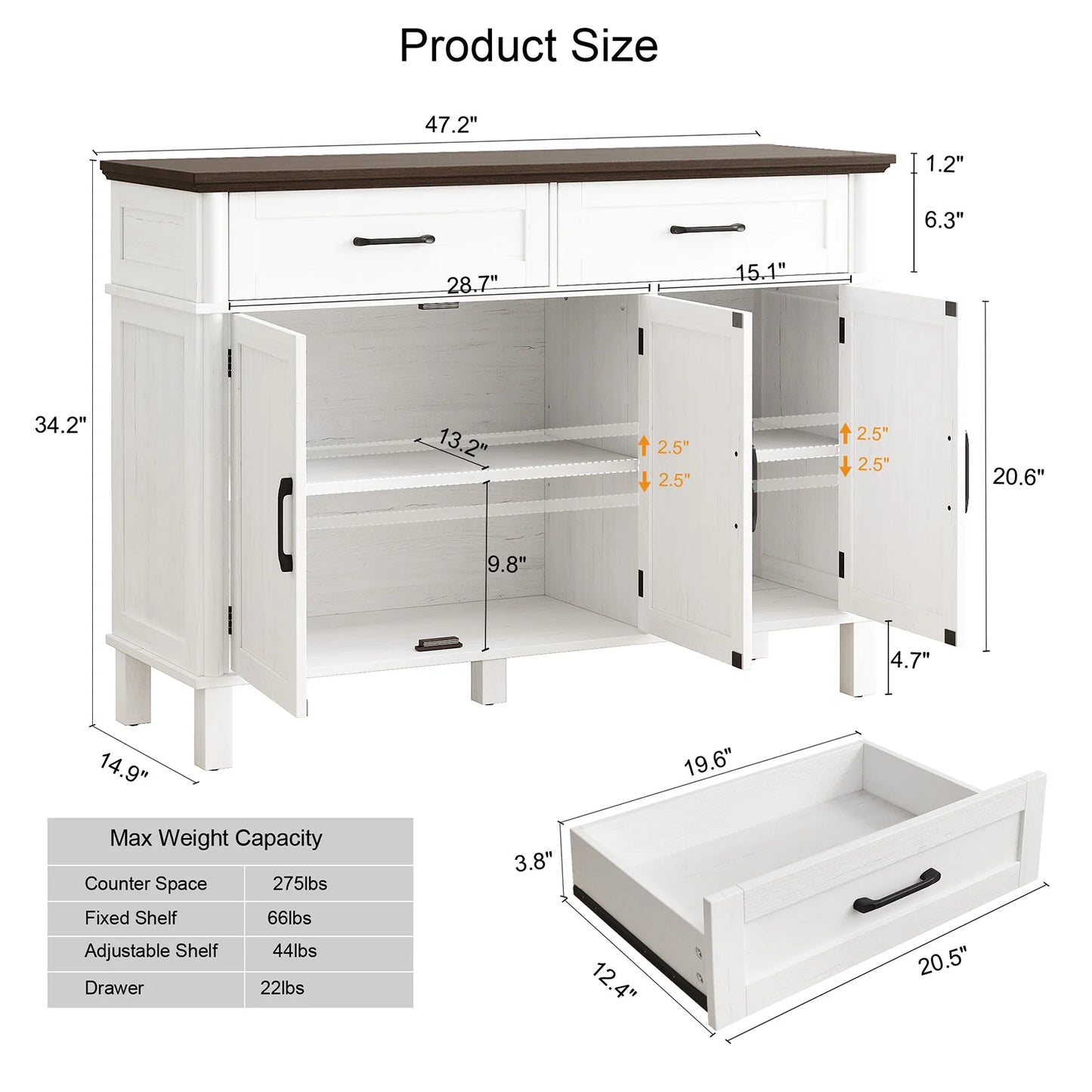 48" Farmhouse Storage Buffet Cabinet,2 Drawers＆Doors,Adjustable Shelve,Wood kitchen Cabinet ,for Kitchen/Living Room