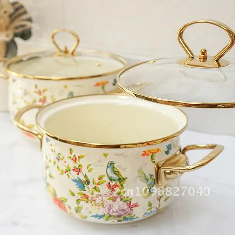 Enamel Soup Pot Retro Flower Bird Binaural Large Capacity Stew Home Delicate Enamel Utensils with Lid for Pot Kitchen Cookware