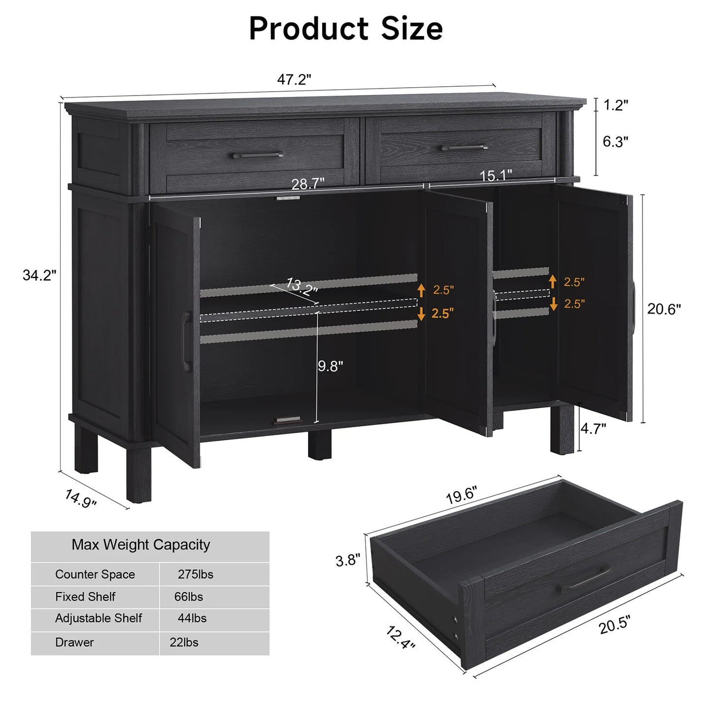 48" Farmhouse Storage Buffet Cabinet,2 Drawers＆Doors,Adjustable Shelve,Wood kitchen Cabinet ,for Kitchen/Living Room