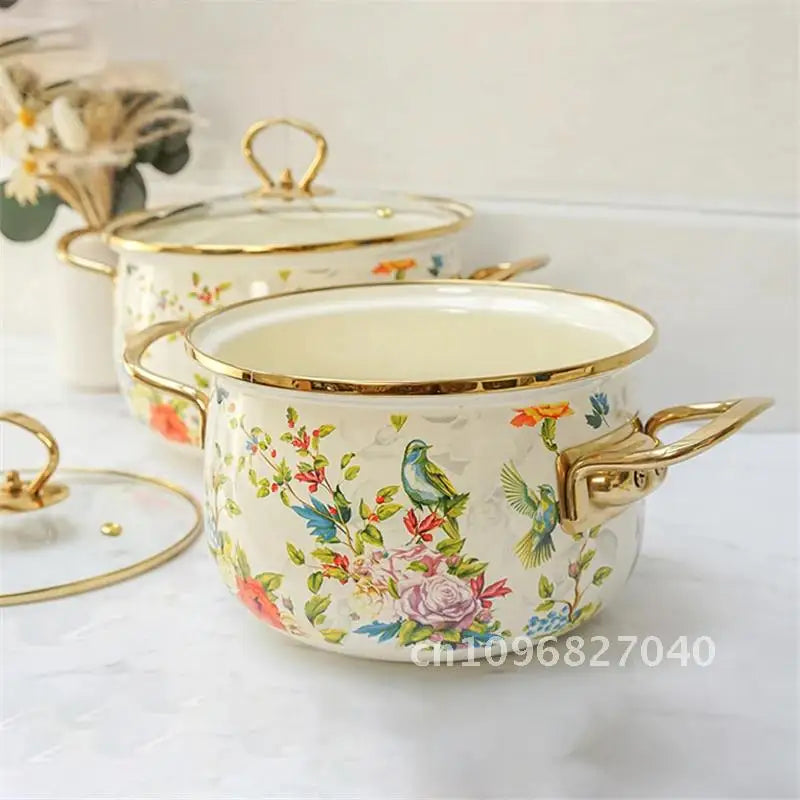 Enamel Soup Pot Retro Flower Bird Binaural Large Capacity Stew Home Delicate Enamel Utensils with Lid for Pot Kitchen Cookware