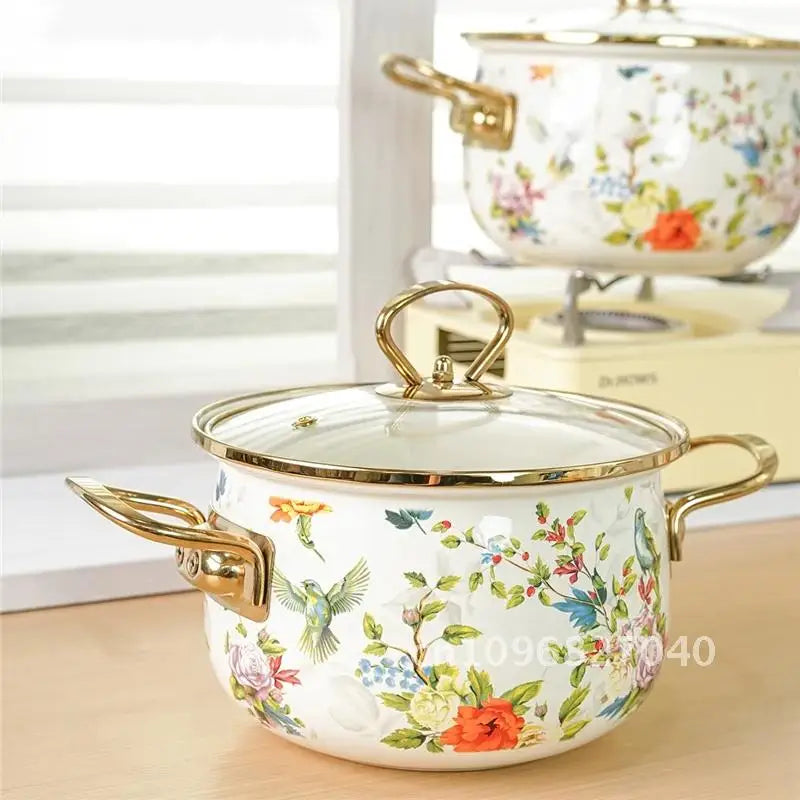 Enamel Soup Pot Retro Flower Bird Binaural Large Capacity Stew Home Delicate Enamel Utensils with Lid for Pot Kitchen Cookware